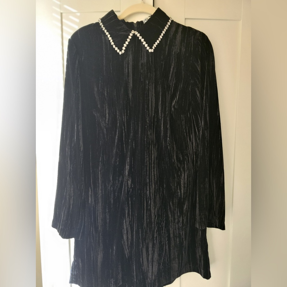 Zara Women’s Long-Sleeve Black Dress with Pearl Collar – Size L